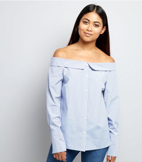 Petite Blue Stripe Bardot Neck Shirt | New Look