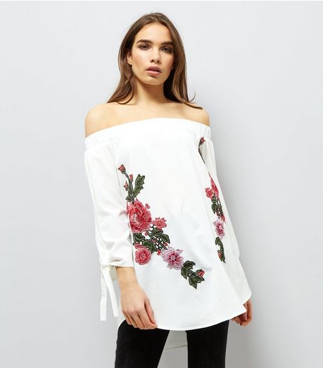AX Paris White Floral Embroidered Bardot Neck Top | New Look