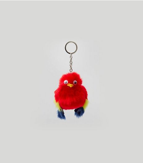Red Faux Fur Parrot Pom Pom Keyring | New Look