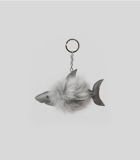 Grey Shark Faux Fur Pom Pom Keyring | New Look