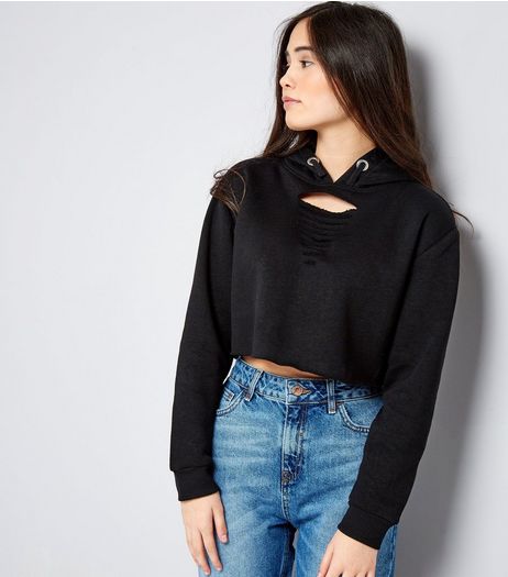 Teens Black Cut Out Front Cropped Hoodie | New Look
