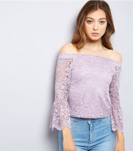Purple Lace Bell Sleeve Bardot Top | New Look