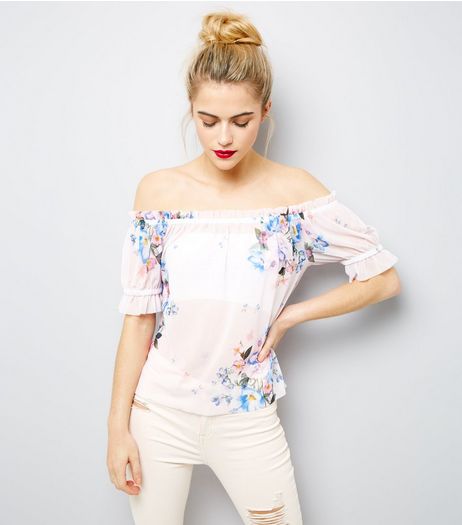 Cream Floral Print Mesh Bardot Neck Top | New Look