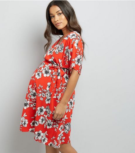 Maternity Red Floral Print Wrap Front Dress | New Look