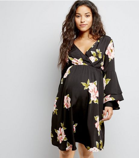 Maternity Black Floral Print Frill Sleeve Dress | New Look