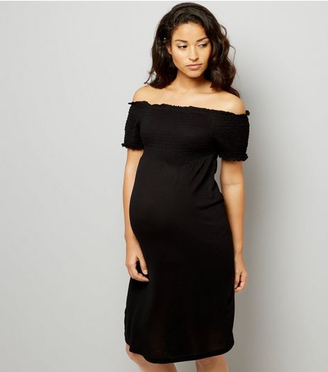 Maternity Black Shirred Bardot Neck Dress | New Look