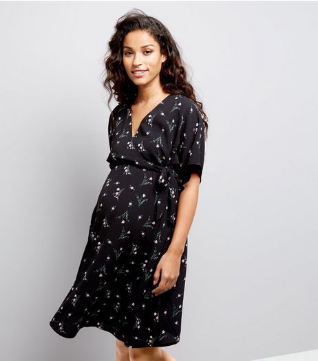 Maternity Black Ditsy Floral Print Wrap Front Dress | New Look