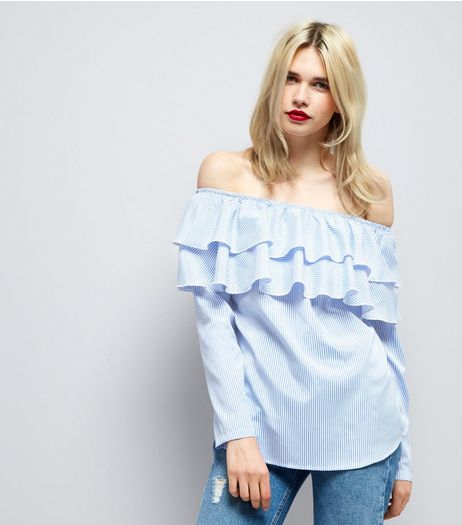 Blue Stripe Frill Trim Bardot Neck Top | New Look