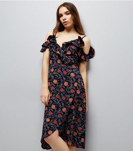 Cameo Rose Black Floral Print Wrap Front Dress | New Look
