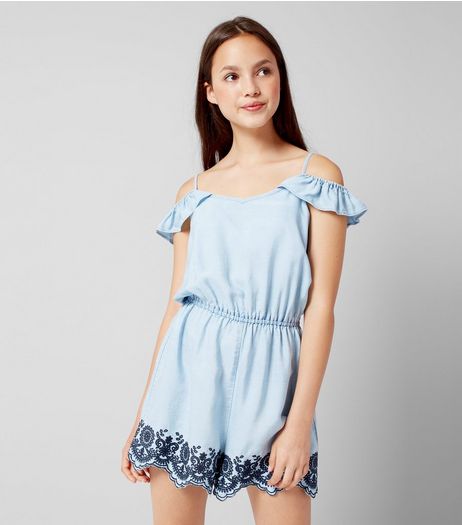 Teens Pale Blue Embroidered Denim Playsuit | New Look