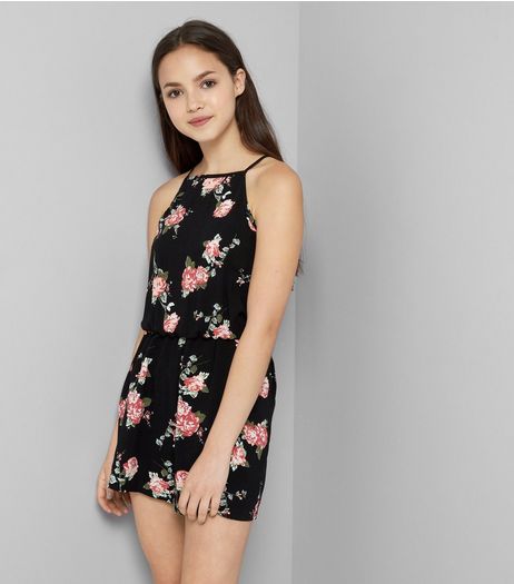 Teens Black Floral Print High Neck Playsuit | New Look