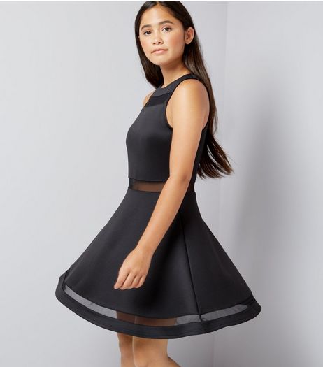 Teens Black Mesh Insert Skater Dress | New Look