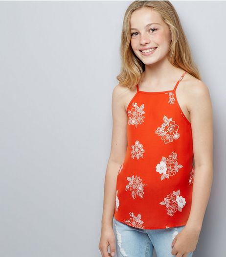 Teens Orange Floral Print High Neck Cami Top | New Look