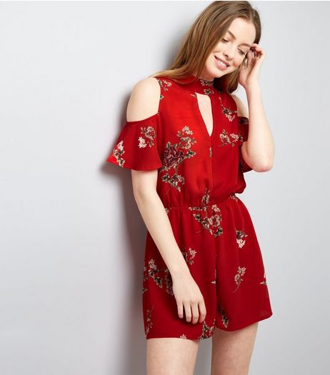 Cameo Rose Red Floral Print Could Shoulder Playsuit | New Look
