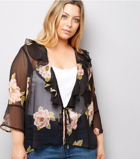 Curves Black Floral Print Chiffon Tie Front Kimono | New Look