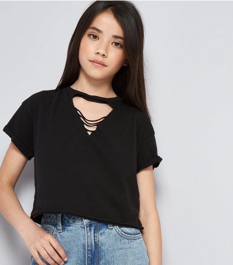 Teens Black Laddered Cut Out Front T-Shirt | New Look