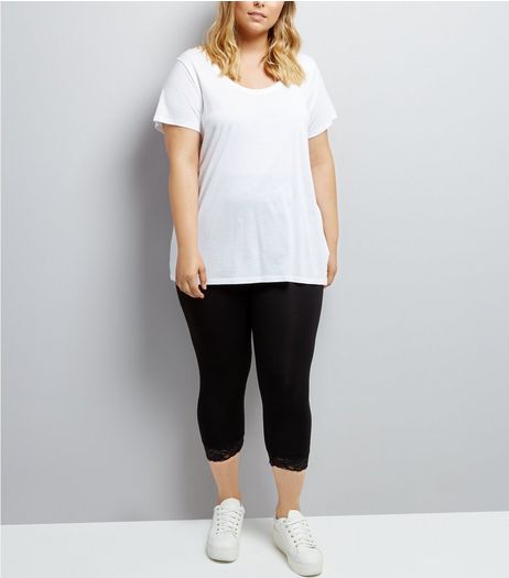 Curves Black Lace Trim 3/4 Leggings | New Look