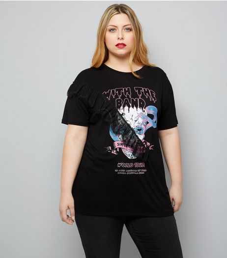 Curves Black Lace Trim Band T-Shirt | New Look