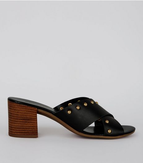 Black Cross Strap Stud Detail Mules | New Look