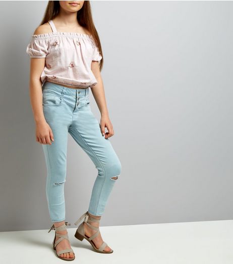 Teens Pale Blue High Waist Ripped Knee Skinny Jeans | New Look