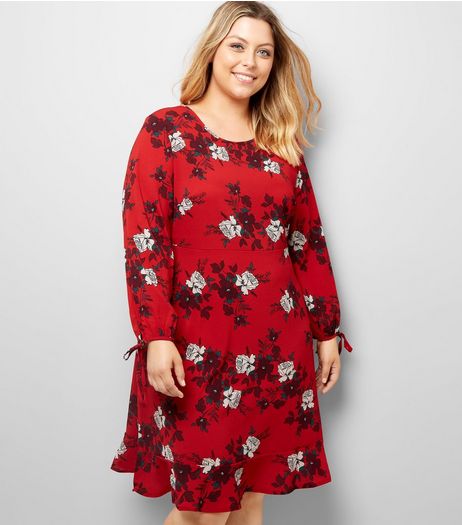 Curves Red Floral Peplum Hem Dress | New Look