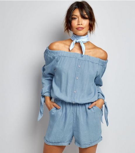 Cameo Rose Pale Blue Bardot Neck Playsuit | New Look