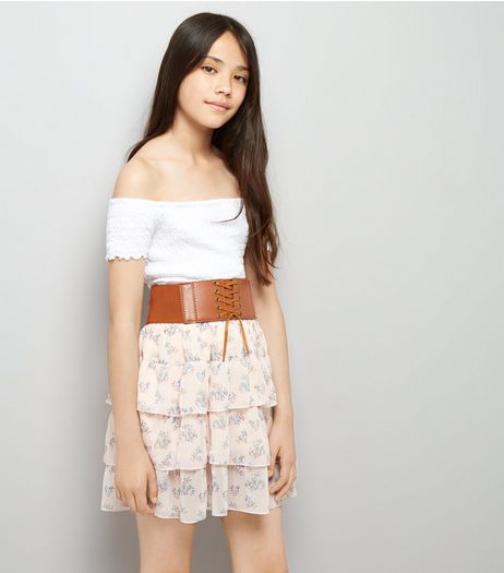 Teens Pink Floral Print Belted Tiered Skirt | New Look