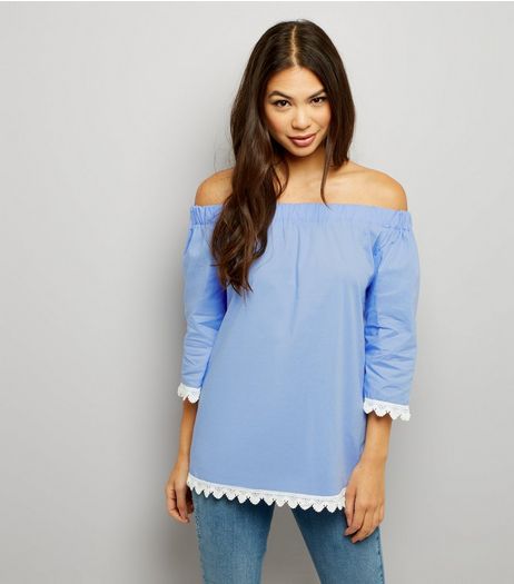 Cameo Rose Blue Crochet Lace Trim Bardot Neck Top | New Look