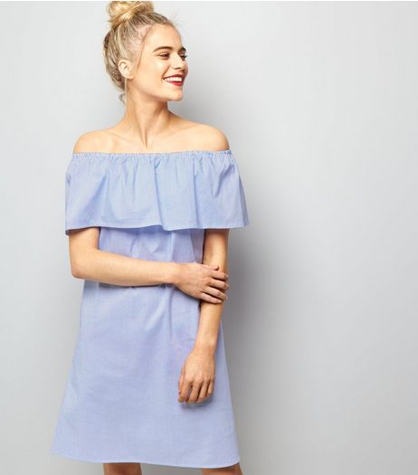 Cameo Rose Pale Blue Stripe Bardot Neck Dress | New Look