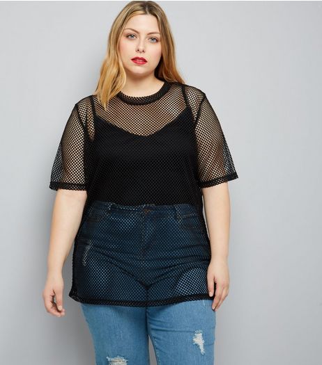Curves Black Fishnet Oversized T-Shirt | New Look
