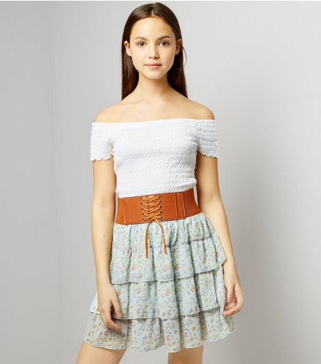 Teens Blue Floral Print Belted Tiered Skirt | New Look