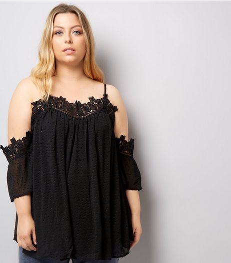 Curves Black Chiffon Crochet Trim Cold Shoulder Top | New Look