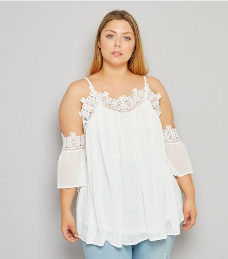 Curves Cream Chiffon Crochet Trim Cold Shoulder Top | New Look