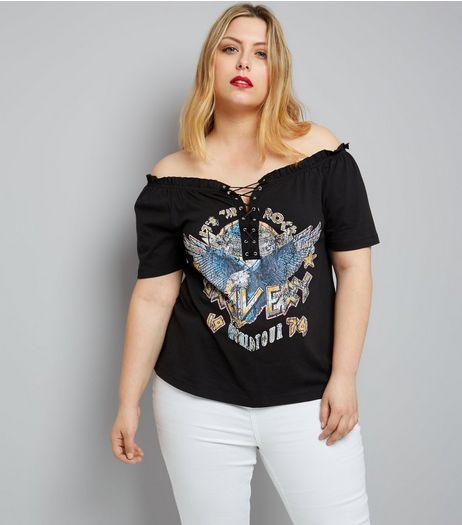Curves Black Lace Up Bardot Neck Rock T-Shirt | New Look