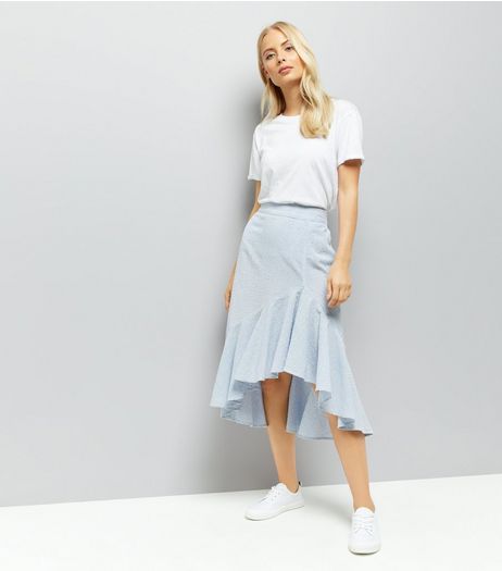 Blue Stripe Seersucker Frill Hem Midi Skirt | New Look