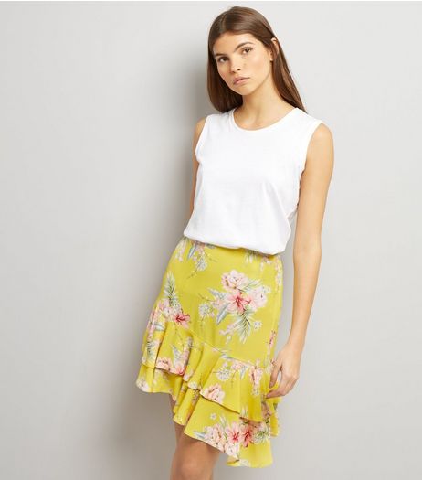 Yellow Floral Print Frill Asymmetric Hem Skirt | New Look