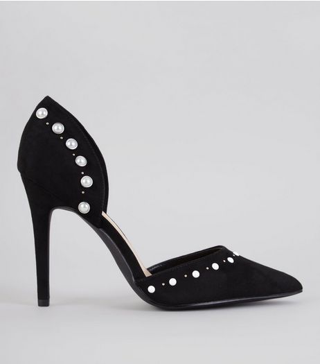 Black Suedette Pearl Embroidered Heels | New Look