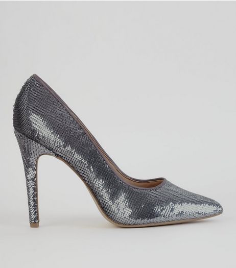 Pewter Sequin Pointed Heels | New Look