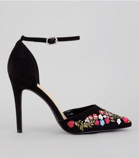 Black Embroidered Pointed Heels | New Look