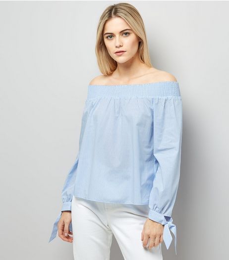 Blue Tie Sleeve Bardot Neck Top | New Look