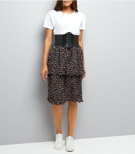 Black Floral Print Tiered Midi Skirt | New Look