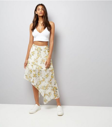 White Floral Print Asymmetric Midi Skirt | New Look