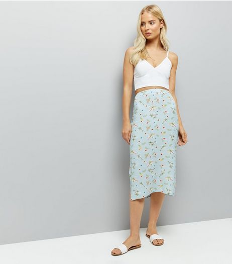 Blue Floral Print Split Side Midi Skirt | New Look