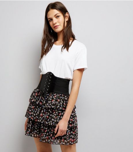 Black Floral Print Corset Belted Mini Skirt | New Look