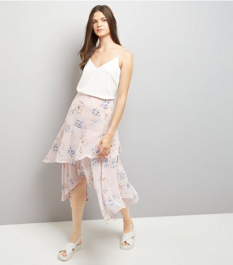 Pink Floral Print Hanky Hem Tiered Midi Skirt | New Look