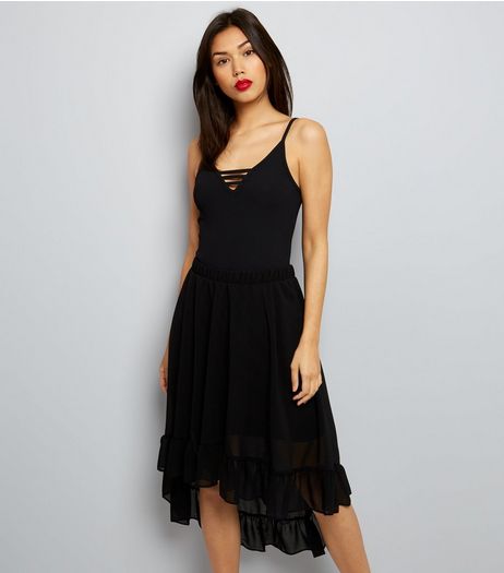 Black Chiffon Dip Hem Midi Skirt | New Look