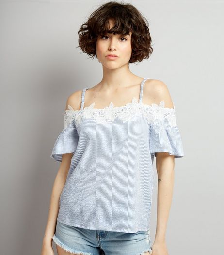 Blue Seersucker Stripe Lace Trim Cold Shoulder Top | New Look