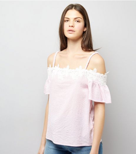 Pink Seersucker Stripe Lace Trim Cold Shoulder Top | New Look