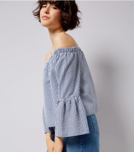 Blue Gingham Bell Sleeve Bardot Neck Top | New Look