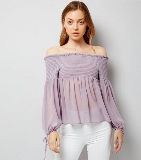 Lilac Chiffon Shirred Bardot Neck Top | New Look